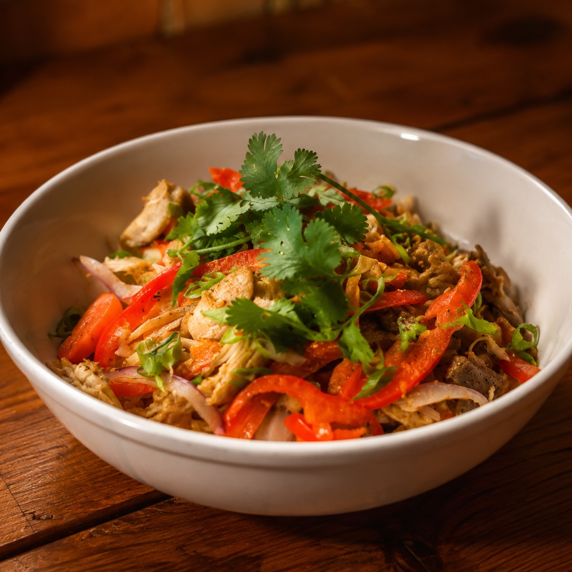 Chicken curry with coconut red curry, vegetables and jasmine rice