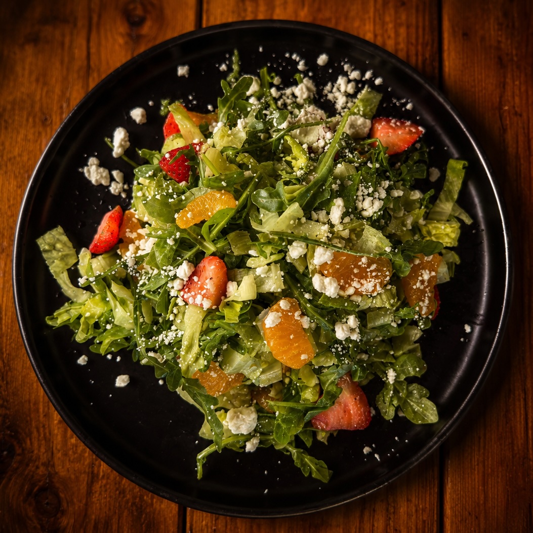 Strawberry salad with almonds, goat cheese, arugula and romaine