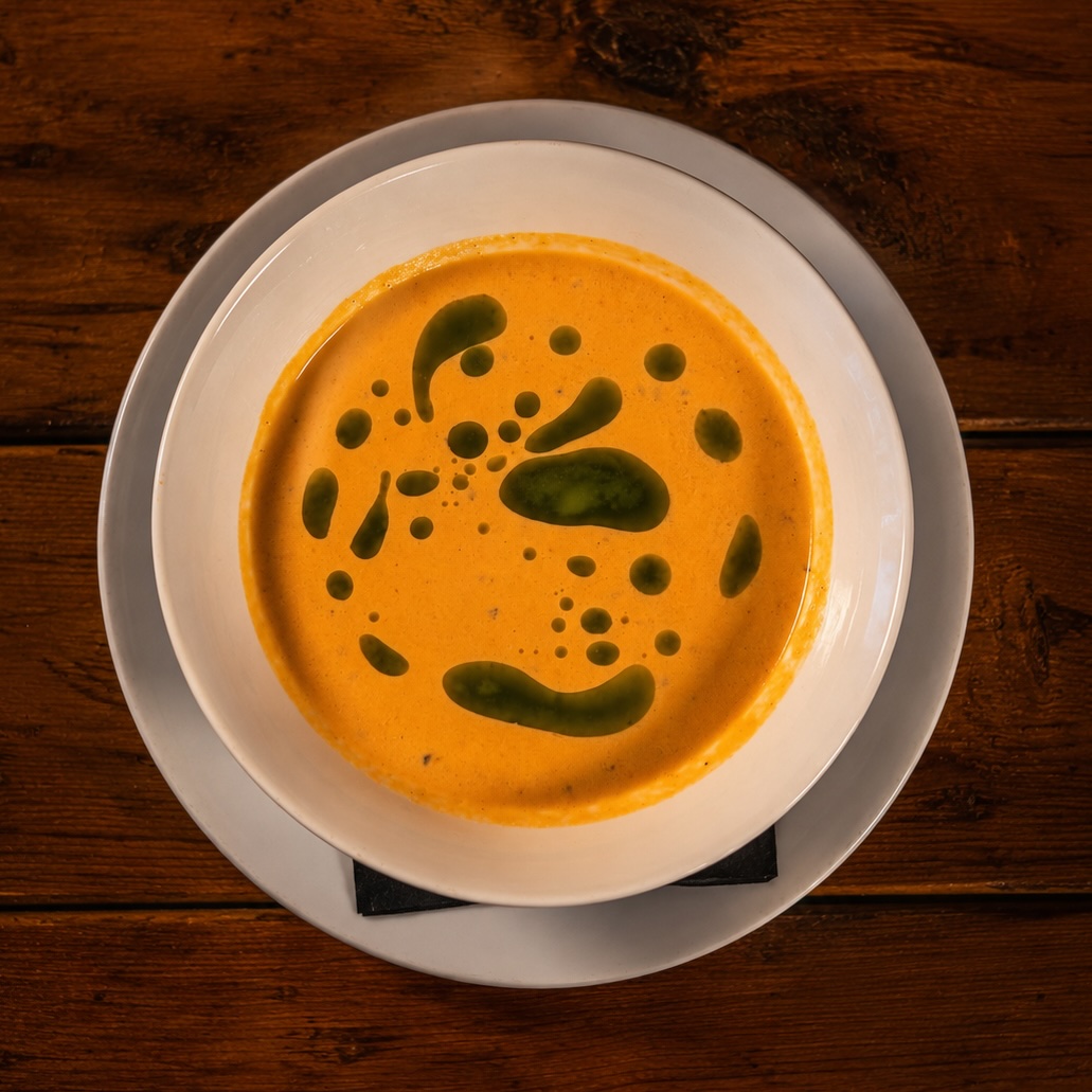 Tomato bisque with basil oil